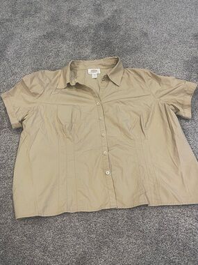 Talbots Woman Petites 18W Khaki Tan Short Sleeve Button Front Cotton Blouse